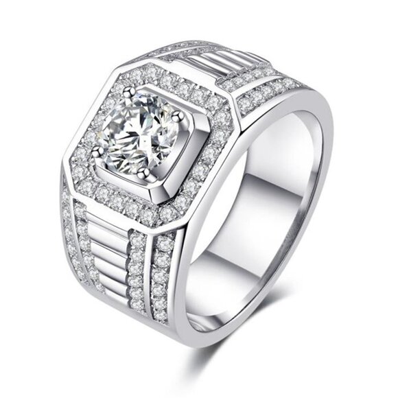 💎Fever Square Glitter Zircon Silver Chunky Wedding Rings for Man PD663